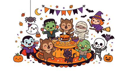 Naklejka premium Cute Halloween Characters Gathering for a Spooky Party with Candy and Decorations
