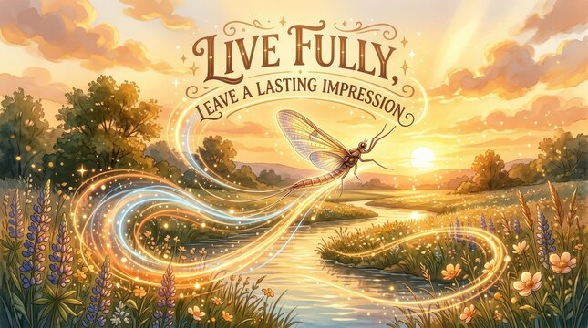 Magical dragonfly with glowing trails soaring over a serene river valley at sunset, inspiring quote 'Live Fully, Leave a Lasting Impression'.
