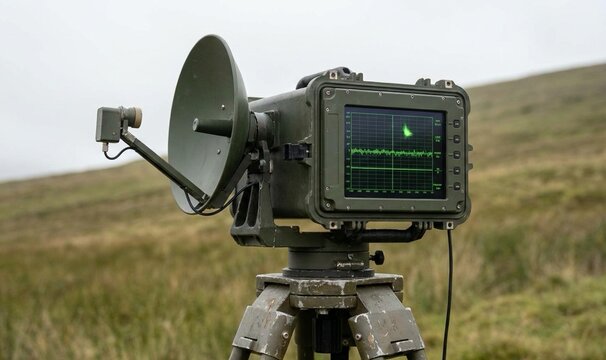 Portable military surveillance radar with parabolic dish antenna and tactical green screen on a tripod