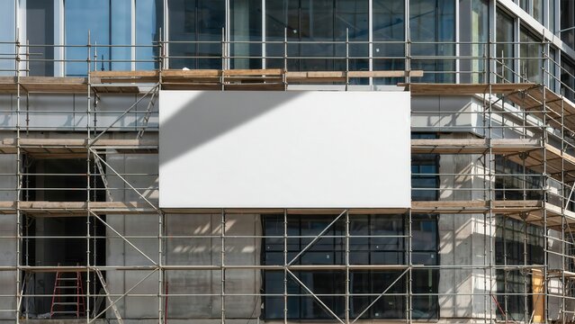 Blank billboard mockup mounted on scaffolding of a building under construction in daylight. Ideal for architectural advertising and branding design concepts.