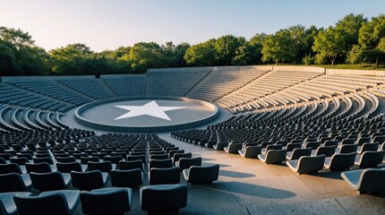 Fototapeta premium Modern open air amphitheatre with empty grey seats. Large circular concrete stage features white star design in center. Sunlit outdoor venue located in green park with trees under clear blue sky.