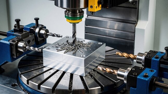 Precision CNC milling machine processes aluminum block on rotary table. Metalwork setup includes carbide tools, clamps, spiral chips. Industrial engineer uses automated equipment for high accuracy