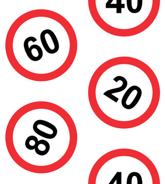 Vector seamless pattern of flat speed limit road sign isolated on white background