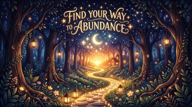 Magical forest path illuminated by lanterns and stars leads to a small house, inspiring abundance and dreams.