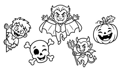 Fototapeta premium Adorable cartoon Halloween characters set with Dracula zombie winking skull devil and laughing pumpkin vector illustration black and white