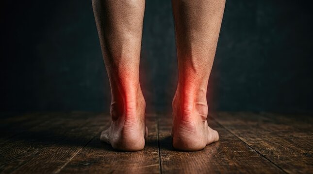 Rear view of legs standing on wooden floor with glowing red illuminated achilles tendons and heel pain