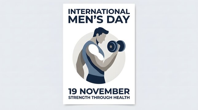 International mens day poster design with a man lifting a dumbbell, isolated on white background
