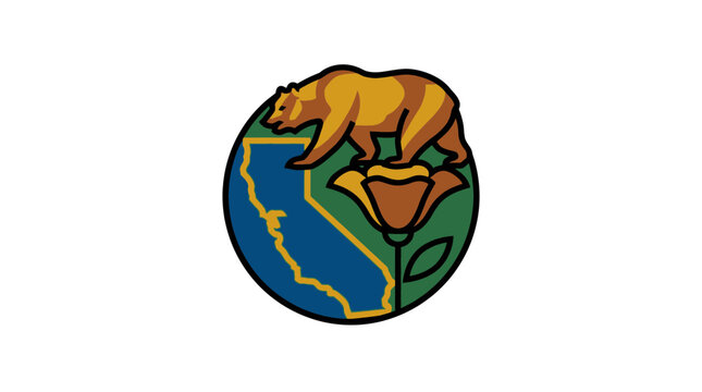 Creative California statehood celebration icon with bear, state silhouette, and poppy flower design
