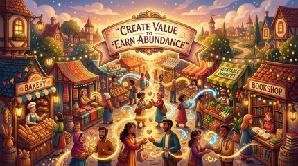 Obraz premium Magical Medieval Market Scene: People Bartering and Creating Value to Earn Abundance