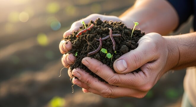 Hands holding rich dark soil with earthworms and sprouts