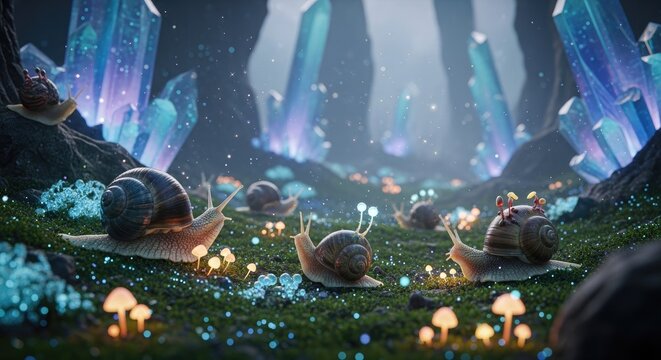 Snails crawling among glowing blue crystals and mushrooms.