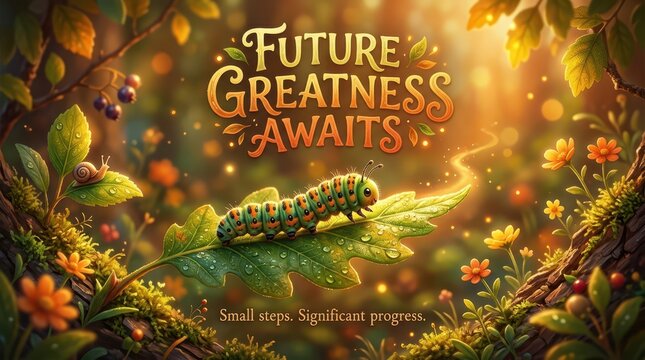 Magical forest scene with a caterpillar on a leaf, inspiring quote 'Future Greatness Awaits' and 'Small steps. Significant progress.'