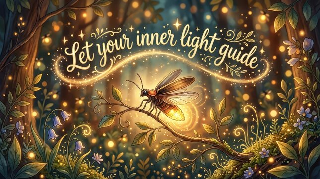 Magical forest scene with a firefly guiding with its light, surrounded by glowing bokeh lights and whimsical flora