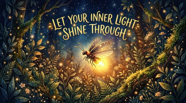 Magical forest scene with a glowing firefly and inspirational quote 'Let Your Inner Light Shine Through' at night.