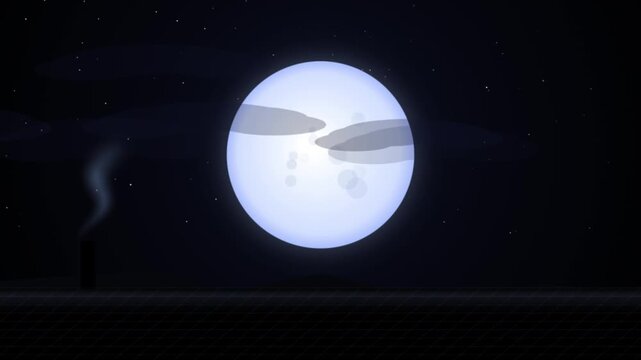 Black cat walking on roof under large moon 2d animation.