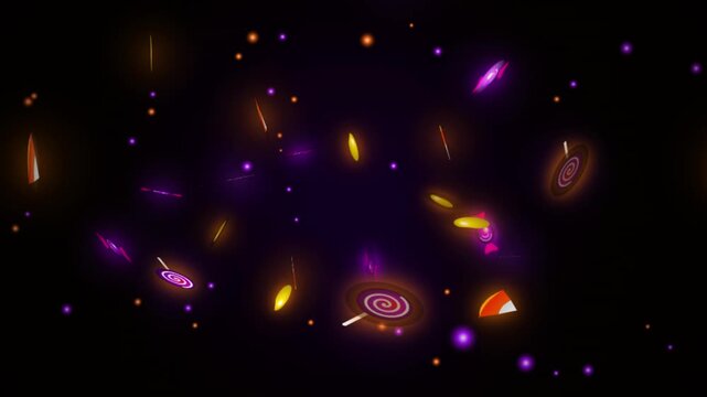 Halloween candy corn and lollipop swirl in dynamic motion.