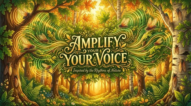 Magical Forest Scene with 'Amplify Your Voice' Message and Cicadas and Butterflies