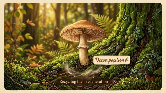 Magical forest scene with a prominent mushroom, mossy tree trunk, and text "Decomposition" and "Recycling fuels regeneration"