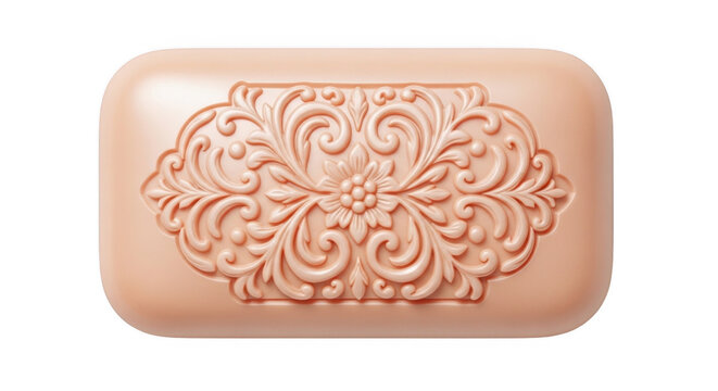 Beige bar soap with ornate floral embossed pattern isolated on white background