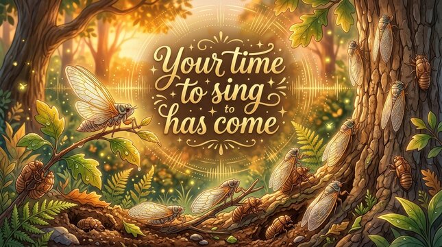 Magical forest scene with cicadas emerging from nymph stage and text "Your time to sing has come"