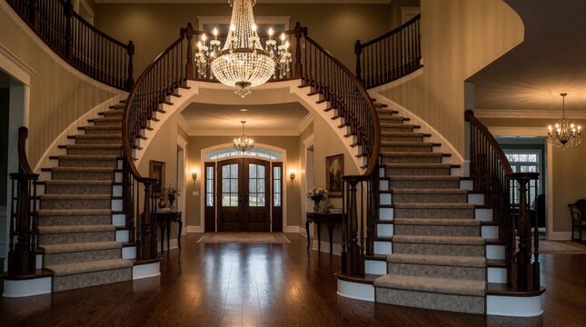 Grand entryway features sweeping double staircase, crystal chandeliers, and elegant wood floors. Spacious foyer connects to foyer, with large double doors leading outside.