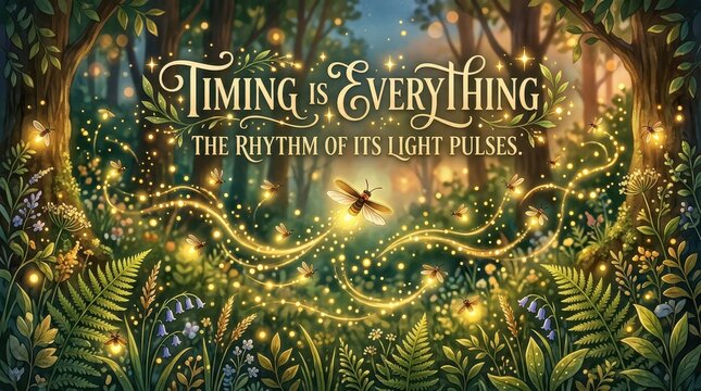 Magical forest scene with fireflies and glowing lights, text 'Timing Is Everything The Rhythm Of Its Light Pulses.'