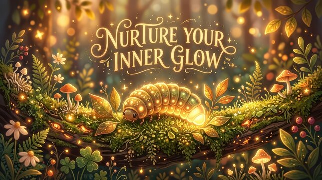Magical forest scene with glowing caterpillar, mushrooms, flowers and inspirational text "Nurture Your Inner Glow"