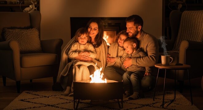 Family sitting together by cozy indoor fire pit.