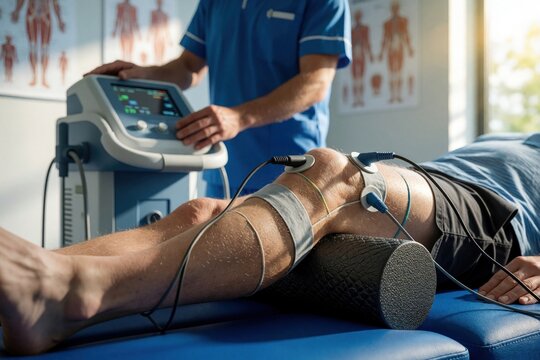 Physiotherapist uses modern medical device for knee rehabilitation treatment. Patient lies on blue massage table receiving electrical stimulation therapy. Specialist adjusts settings on electronic