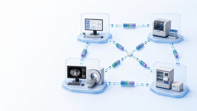 Hospital interoperability network diagram connecting CT scanner EHR lab and pharmacy data exchange