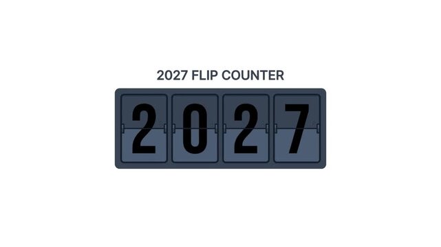 Digital flip clock animation displaying the year 2027 in a modern minimalist style, featuring smooth mechanical motion transitions for high quality motion graphics video project assets.