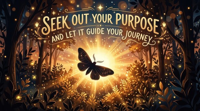 Magical forest with a glowing butterfly and inspirational quote "Seek Out Your Purpose and Let It Guide Your Journey"