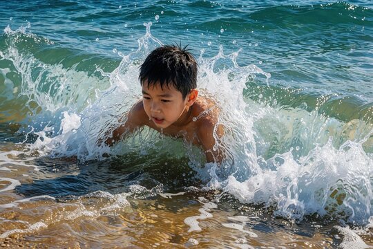Young Asian boy struggles in powerful ocean waves at beach. Small child faces big surf, sea water during summer vacation. Dangerous rip current risk concept shows importance of water safety, adult