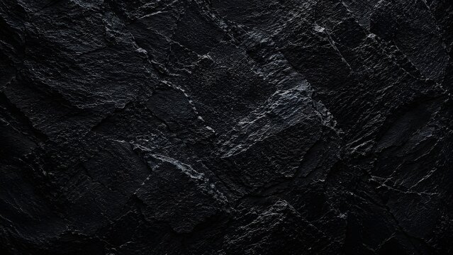 High-resolution black stone wall texture featuring rough cracked rock surfaces, slate minerals, volcanic basalt detail, and dark charcoal tones for background design.