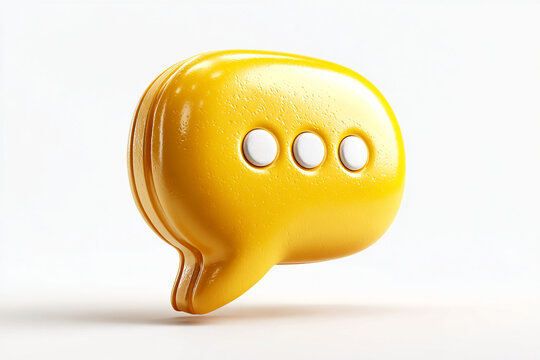 Yellow chat bubble icon with three dots, 3d rendering, glossy yellow text message symbol isolated on white background, typing indicator sign, plastic emoji