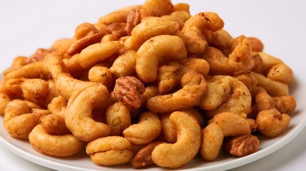 Fototapeta premium A pile of seasoned roasted cashews and mixed nuts on a white plate golden brown and appetizing