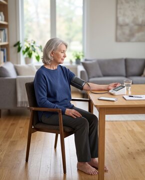 Senior woman measuring blood pressure with digital monitor at home table