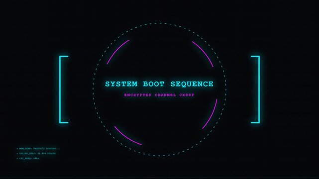 Futuristic Cyberpunk HUD Interface Displaying System Boot Sequence and Encrypted Digital Data Screen