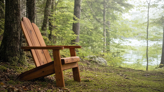 Empty wooden relaxation chair in quiet forest clearing