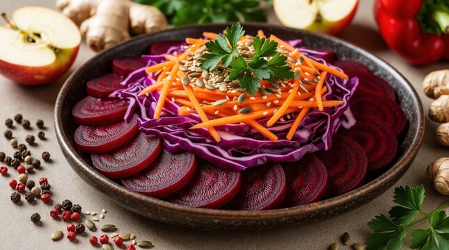 Vibrant beet and cabbage salad arranged with shredded carrots. Topped with seeds and fresh parsley, it a healthy, colorful dish. Ingredients like ginger, apple, and peppercorns surround the bowl.