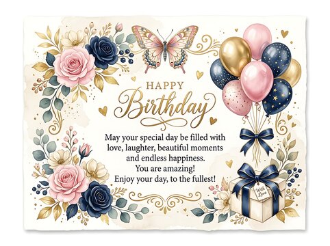 Elegant happy birthday greeting card with watercolor roses, butterfly, balloons, and gift box, festive floral design for celebration