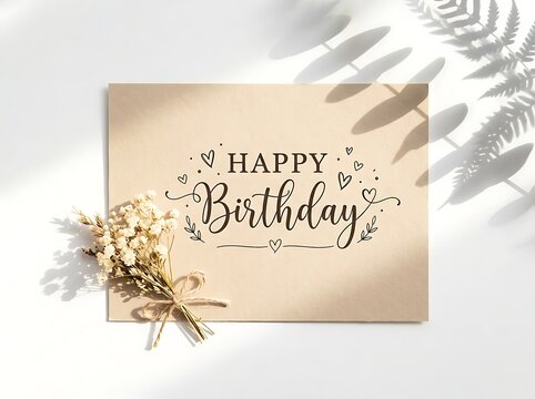 Minimalist birthday greeting card with a small bouquet of dried babys breath flowers and elegant typography on a textured paper background