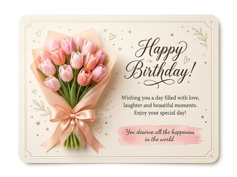 Elegant birthday greeting card with a beautiful bouquet of pink tulips, soft ribbon bow, and heartfelt wishes on a creamcolored background