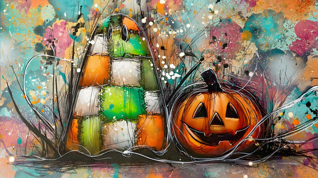 Whimsical mixed-media illustration featuring a colorful patched ghost and a grinning jack-o'-lantern against an expressive, paint-splattered abstract background filled with artistic Halloween energy
