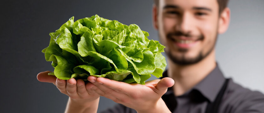 Smiling young man holding fresh green lettuce in his hands promoting healthy eating and organic food