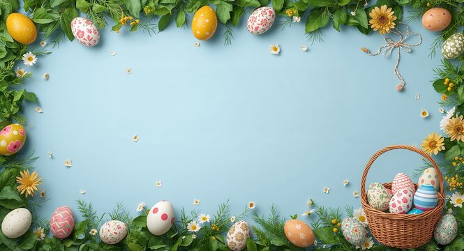 Easter eggs and basket border frame with festive copy space for Easter, Colorful Easter eggs and charming basket framing festive space for Easter greetings with copy space on the left side
