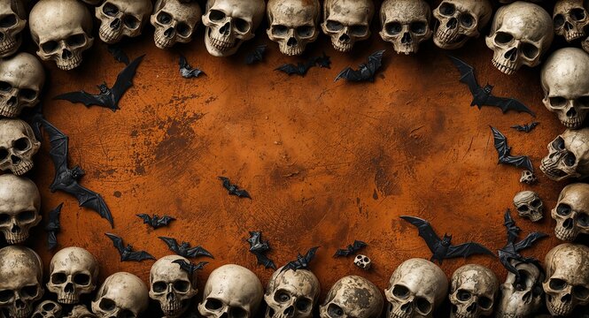 Halloween skulls and bats border frame with spooky copy space for Halloween, Intricate Halloween skulls and flying bats framing spooky space for Halloween greetings with copy space on the left side