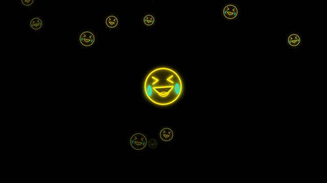 Laughing Emoji Neon Glowing Face Particles Floating and Moving on Black Background for Social Media Overlay