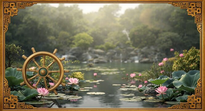 Dharma wheels and lotus ponds border frame with spiritual copy space for Vesak, Intricate Dharma wheels and serene lotus ponds framing spiritual space for Vesak messages with copy space on the left