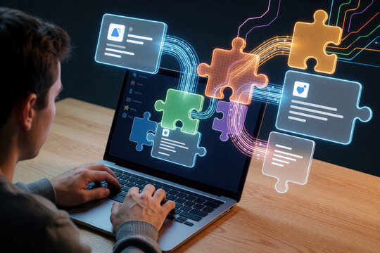Programmer uses laptop to build app via low code no code platform. Digital puzzle pieces connect software modules on screen. Developer uses visual drag, drop interface for rapid automation, custom